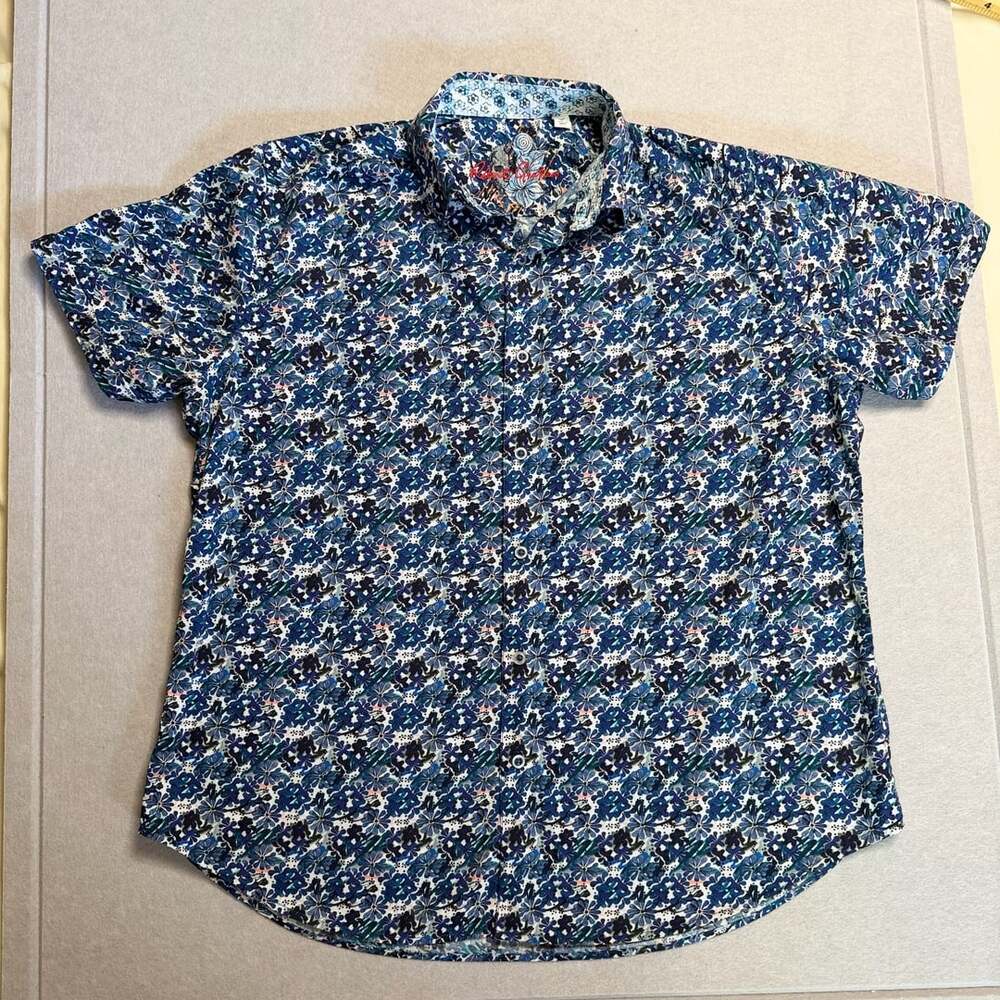 Robert Graham Men’s Floral Short Sleeve Button Up Shirt L Blue Classic Fit